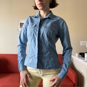 Y2K New York & Company Button Down Shirt Utility Pockets Dusty Blue Corpcore
